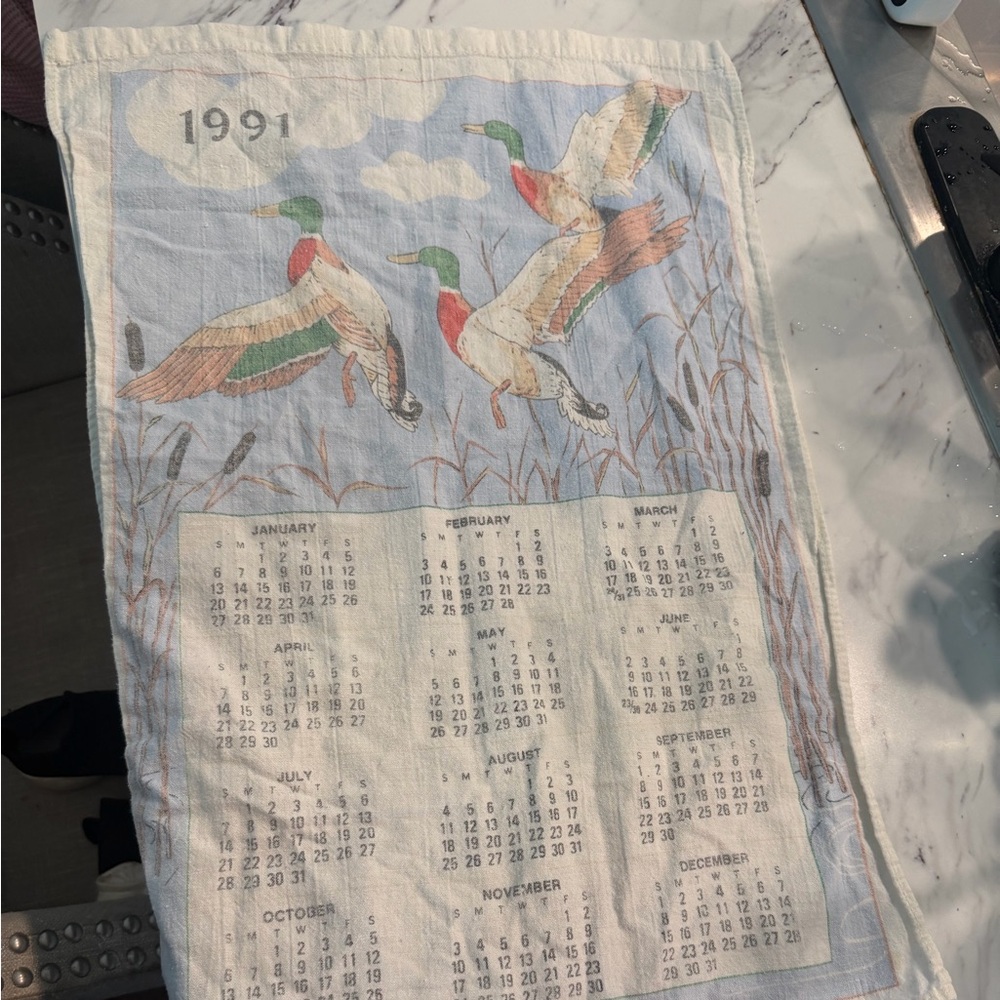 Vintage 1991 Duck Calendar Tea Towel in Light Blue and Green